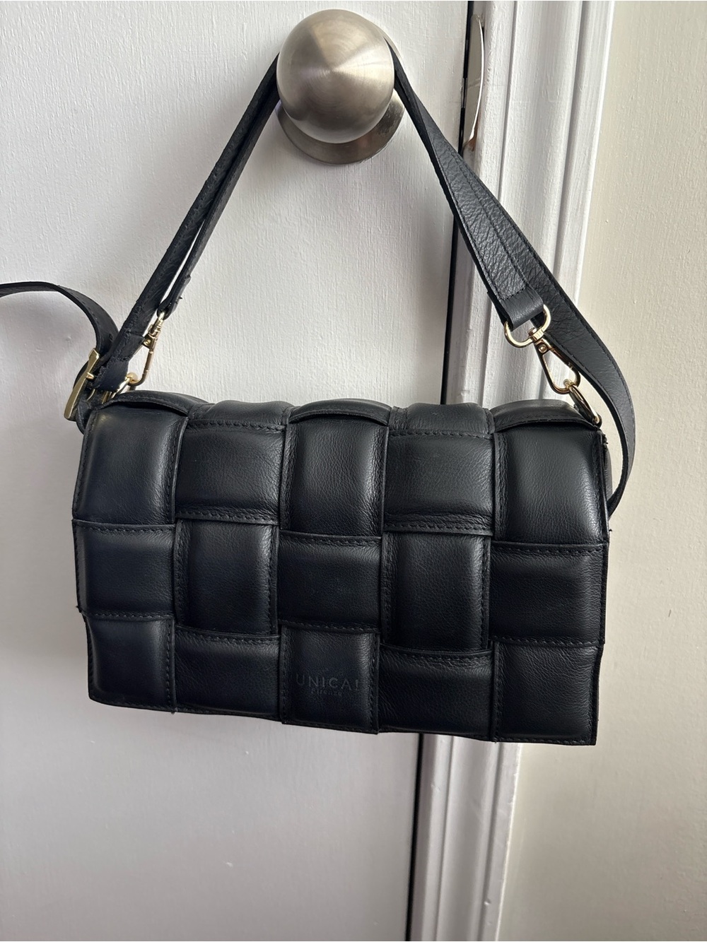 Black Woven Genuine Leather Shoulder Bag